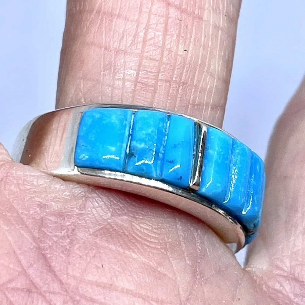 Navajo Turquoise Mens Wedding Band Sz 10.5 Ring 9mm Native Amer Handmade Inlay